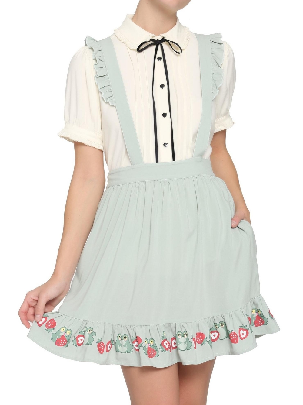 Frog Strawberry Pinafore Dress Pastel Green Ruffle Kawaii Cottagecore Skirt